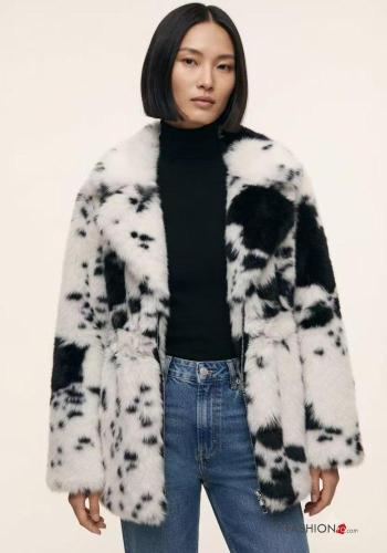 Animal print faux fur long sleeve Coat with belt without lining with pockets - ph 1