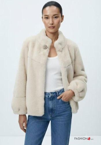 faux fur long sleeve Ecological Fur Coat with lining with rhinestones Rollneck with buttons - ph 1