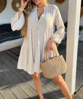 long sleeve Cotton Dress with flounces with v-neck with buttons - ph 2