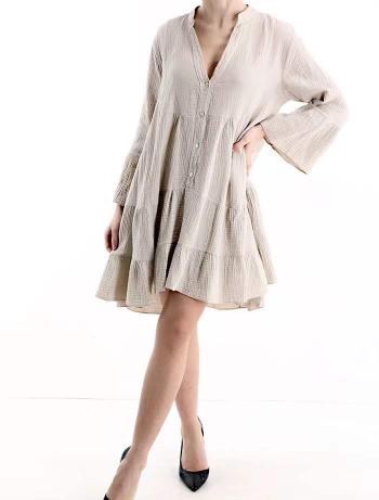 long sleeve Cotton Dress with flounces with v-neck with buttons - ph 3