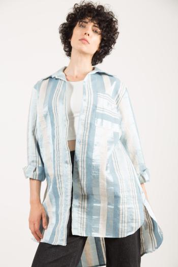 Camisa de Lino maxi manga larga con cuello a rayas con bolsillos con botones con abertura - ph 1