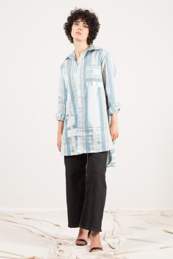 Camisa de Lino maxi manga larga con cuello a rayas con bolsillos con botones con abertura - ph 2