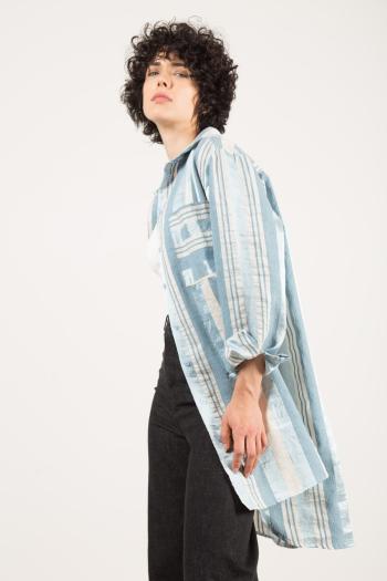 Camisa de Lino maxi manga larga con cuello a rayas con bolsillos con botones con abertura - ph 3