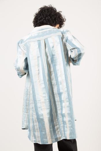 Camisa de Lino maxi manga larga con cuello a rayas con bolsillos con botones con abertura - ph 4