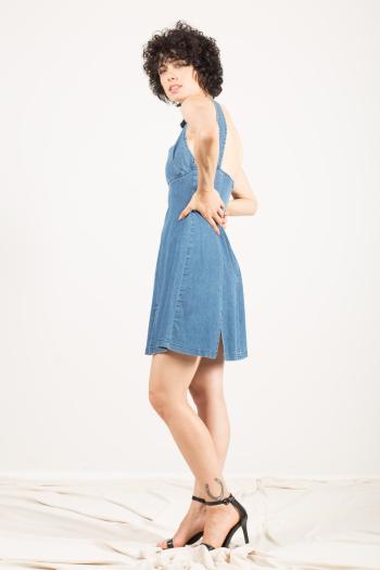 Denim kurz ärmellos Kleid aus Baumwolle mit Knöpfen tiefer ausschnitt mit schlitz - ph 3
