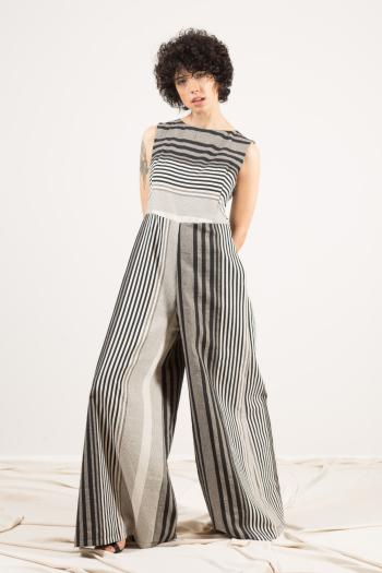 Jumpsuit in Cotone scollato sulla schiena wide leg girocollo Fantasia righe con tasche - ph 1