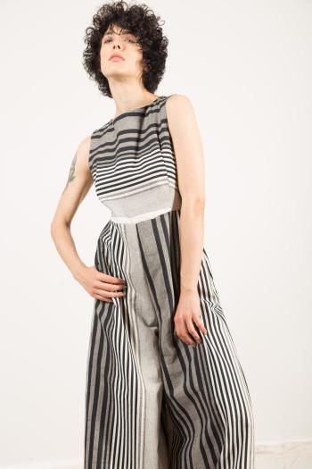 Jumpsuit in Cotone scollato sulla schiena wide leg girocollo Fantasia righe con tasche - ph 2