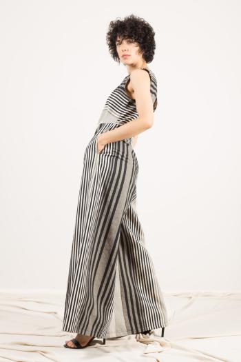 Jumpsuit in Cotone scollato sulla schiena wide leg girocollo Fantasia righe con tasche - ph 4