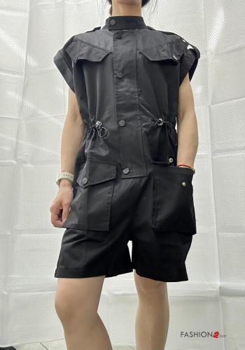short sleeve mini Cotton Jumpsuit with buttons with drawstring with pockets - ph 1