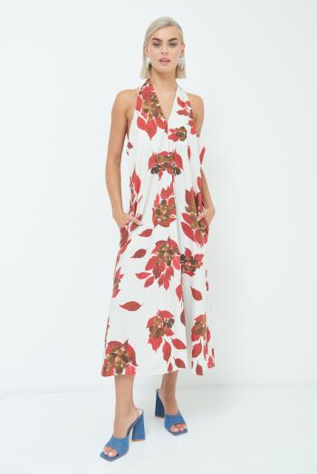 Vestido em Algodão longo sem mangas costas abertas Estampado folhas gola V - ph 1