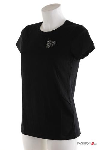 heart motif short sleeve crew neck Cotton T-shirt with rhinestones - ph 1