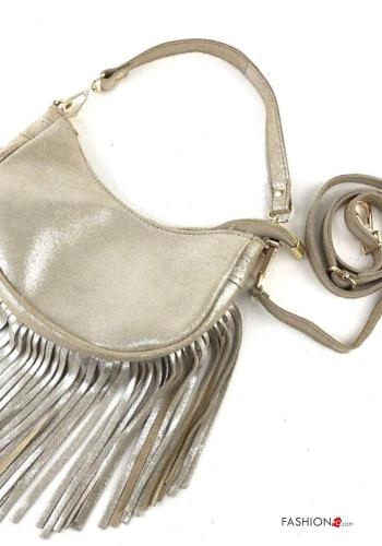 metallic Genuine Leather Bag with zip with shoulder strap with fringe - ph 2