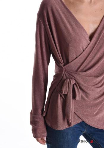 Lurex extra lange ärmel Bluse mit Schleife tiefer ausschnitt mit V-Ausschnitt - ph 4