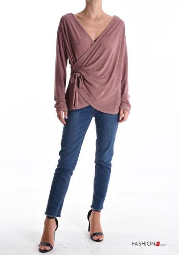 Lurex extra lange ärmel Bluse mit Schleife tiefer ausschnitt mit V-Ausschnitt - ph 5