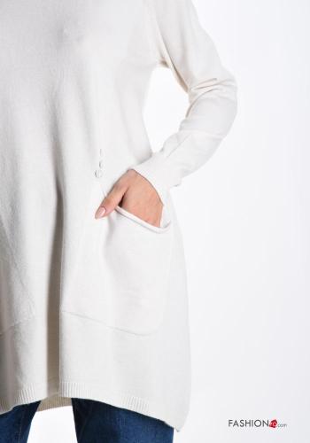 long sleeve crew neck long Wool Mix Sweater with pockets - ph 4