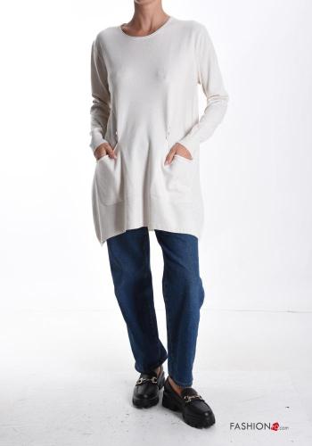 long sleeve crew neck long Wool Mix Sweater with pockets - ph 5