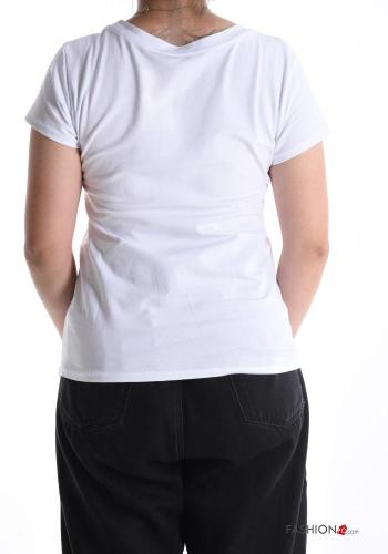 Patterned short sleeve crew neck Cotton T-shirt with rhinestones - ph 2