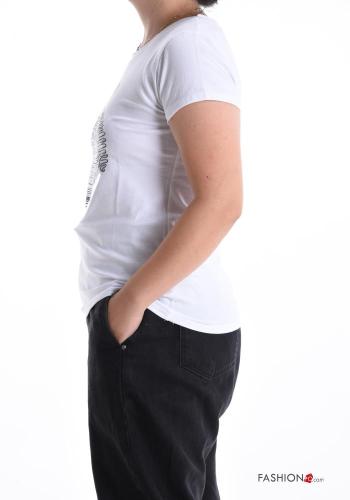Patterned short sleeve crew neck Cotton T-shirt with rhinestones - ph 3