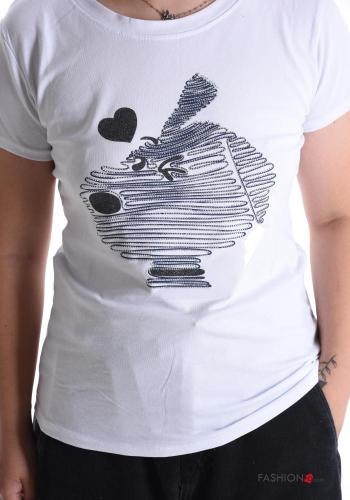 Patterned short sleeve crew neck Cotton T-shirt with rhinestones - ph 4