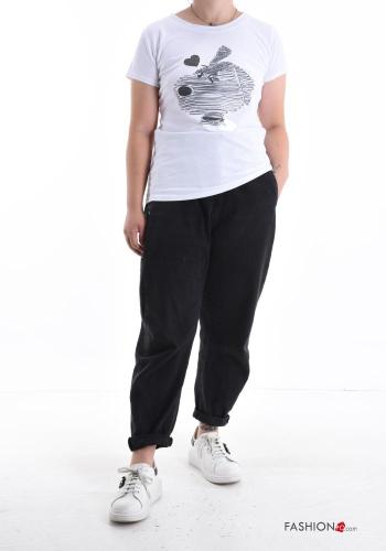 Patterned short sleeve crew neck Cotton T-shirt with rhinestones - ph 5