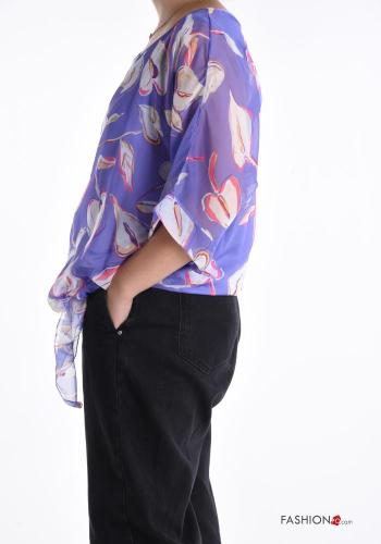 Blumenmuster volantärmel u-boot ausschnitt chiffon Bluse aus Seide mit Futter 3/4 ärmel mit knoten - ph 3