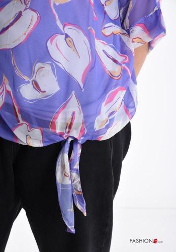 Blumenmuster volantärmel u-boot ausschnitt chiffon Bluse aus Seide mit Futter 3/4 ärmel mit knoten - ph 4