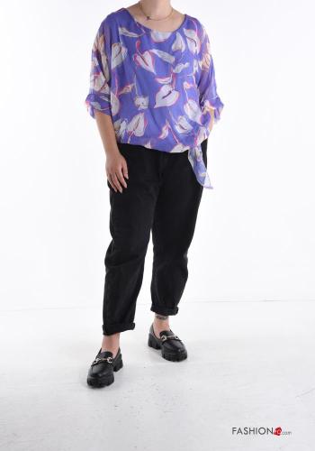 Blumenmuster volantärmel u-boot ausschnitt chiffon Bluse aus Seide mit Futter 3/4 ärmel mit knoten - ph 5