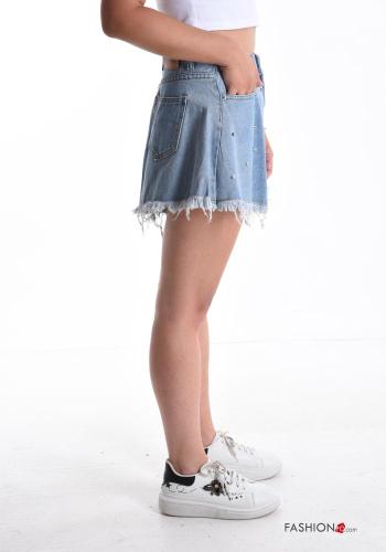 Pantaloncino Short in Cotone denim con bottoni con strass con zip con tasche - ph 3
