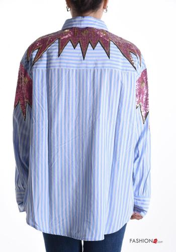 Chemise en Coton manches longues à collet Imprimé à rayures à paillettes à boutons - ph 2