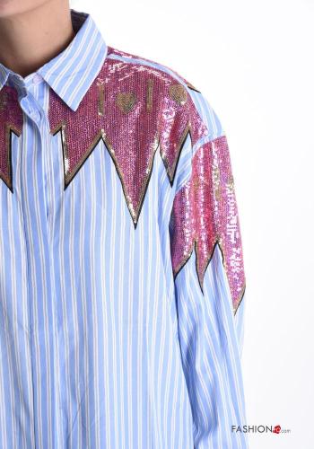 Chemise en Coton manches longues à collet Imprimé à rayures à paillettes à boutons - ph 4