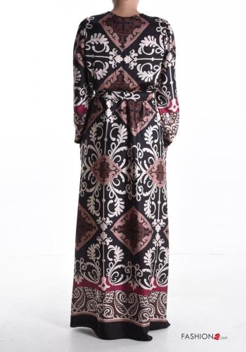 Abito maniche lunghe lungo Fantasia batik con spacco scollo a V con cintura in stoffa - ph 2