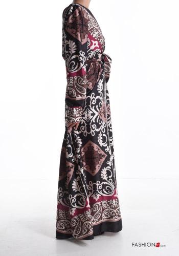 Abito maniche lunghe lungo Fantasia batik con spacco scollo a V con cintura in stoffa - ph 3