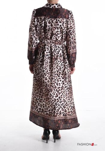 Animal print long sleeve with collar long Shirt dress with buttons with fabric belt - ph 2