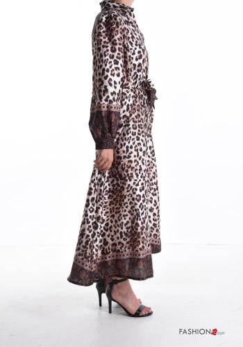 Animal print long sleeve with collar long Shirt dress with buttons with fabric belt - ph 3