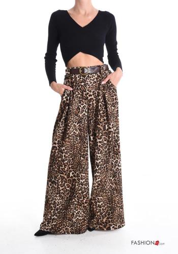 Animal print wide leg long Trousers with belt with pockets - ph 5