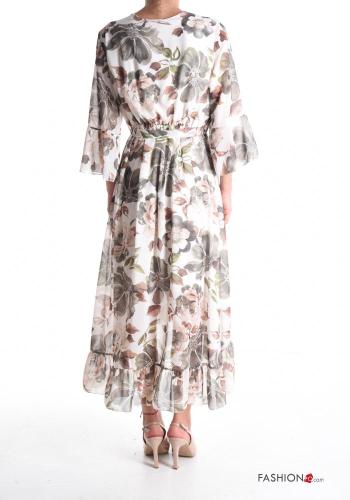 Floral asymmetrical Dress with v-neck 3/4 sleeve with fabric belt with flounces - ph 2