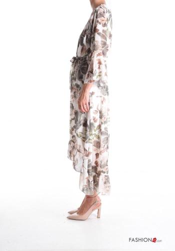 Floral asymmetrical Dress with v-neck 3/4 sleeve with fabric belt with flounces - ph 3