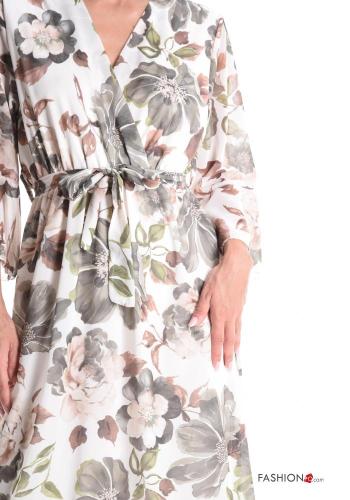 Floral asymmetrical Dress with v-neck 3/4 sleeve with fabric belt with flounces - ph 4