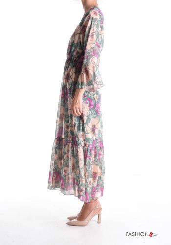 Floral long sleeve chiffon Dress with flounces with elastic with v-neck - ph 3