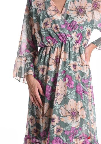 Floral long sleeve chiffon Dress with flounces with elastic with v-neck - ph 4