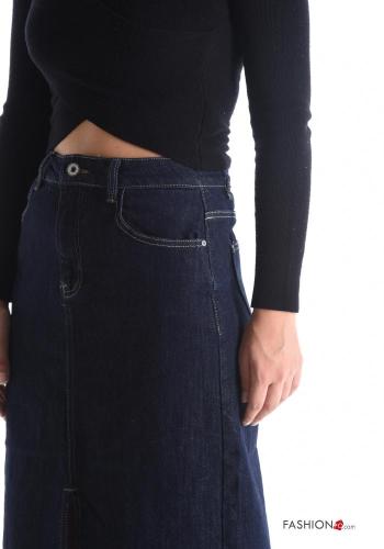 Saia em Algodão denim Longuette com fenda com fecho com bolsos com botões - ph 4