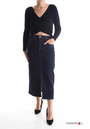 Saia em Algodão denim Longuette com fenda com fecho com bolsos com botões - ph 5