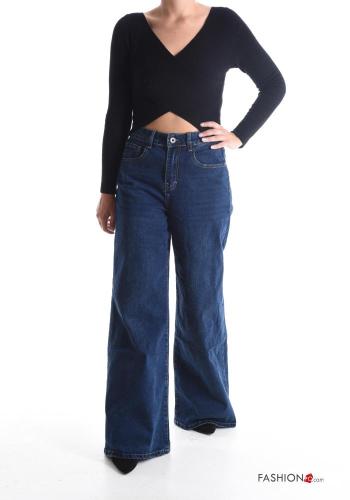 flared wide leg Cotton Jeans with buttons with zip with pockets - ph 5