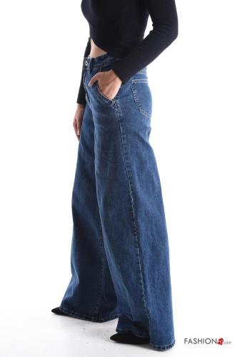 ausgestellte wide leg Jeans aus Baumwolle mit Knöpfen mit Reißverschluss mit Taschen - ph 3