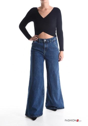 ausgestellte wide leg Jeans aus Baumwolle mit Knöpfen mit Reißverschluss mit Taschen - ph 5