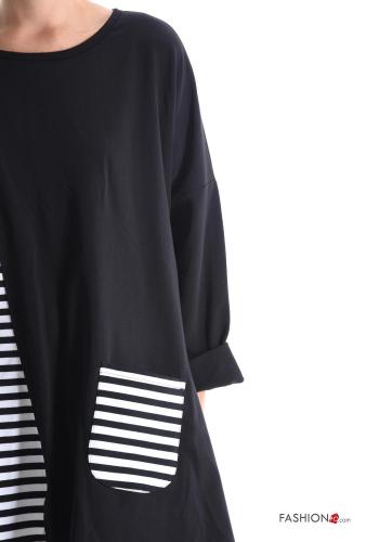 Striped crew neck asymmetrical long sleeve oversized Cotton Long sleeved top with pockets - ph 4