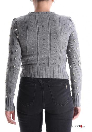 Maglione corto maniche lunghe girocollo Fantasia ricamata con perle con strass - ph 2