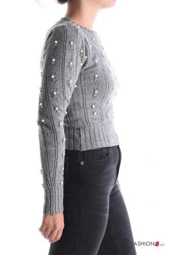 Maglione corto maniche lunghe girocollo Fantasia ricamata con perle con strass - ph 3