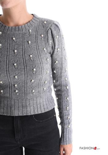 Maglione corto maniche lunghe girocollo Fantasia ricamata con perle con strass - ph 4