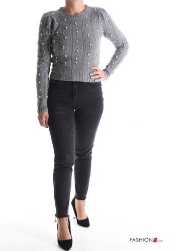 Maglione corto maniche lunghe girocollo Fantasia ricamata con perle con strass - ph 5